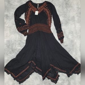 Free People Black Embroidered Boho Midi Handkerchief Hem Peasant Dress, XS